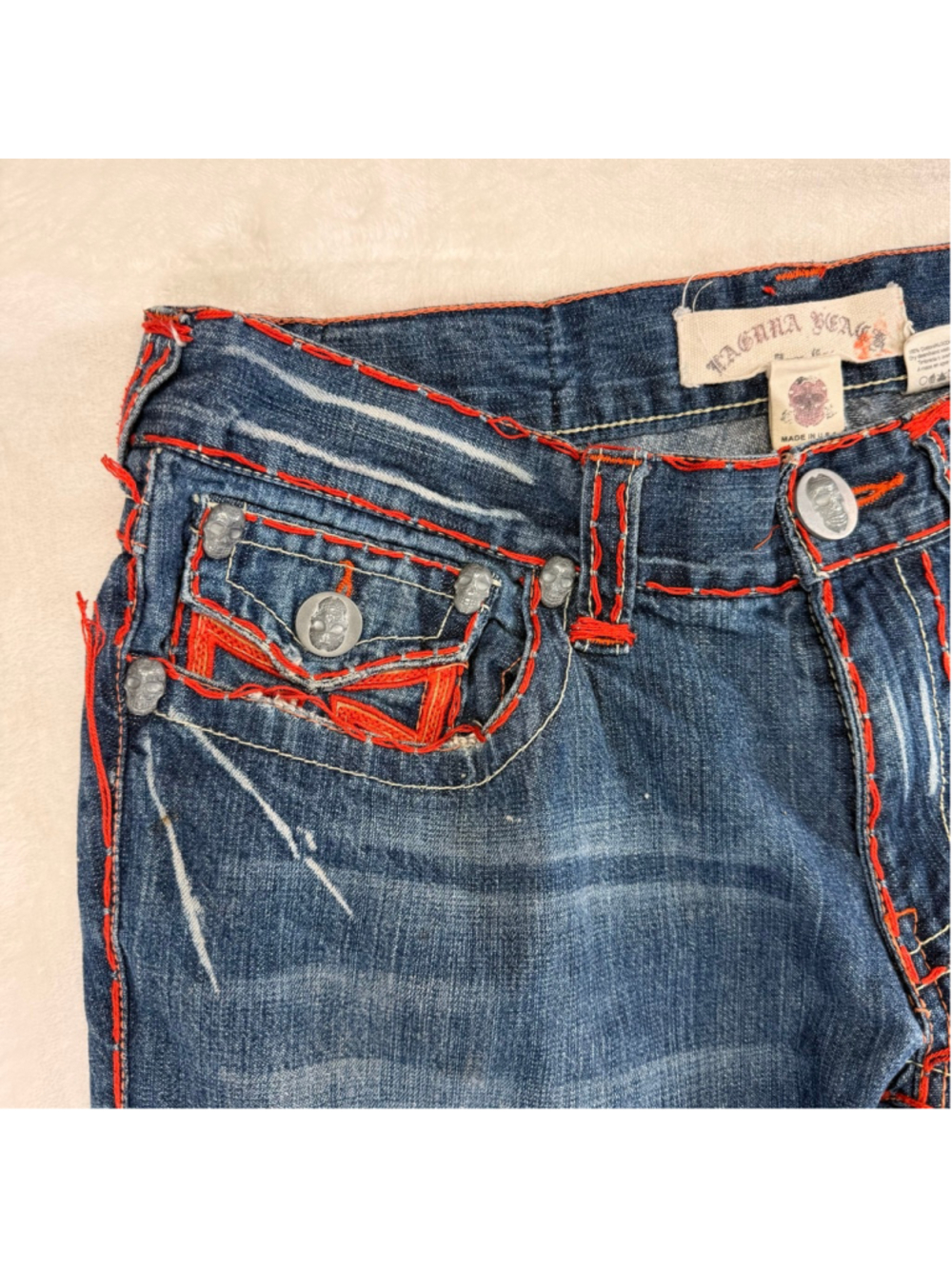 Women's Laguna Beach Vintage Y2K Boot Cut Jeans Red Stitching Skulls Size 34 - Picture 3 of 16